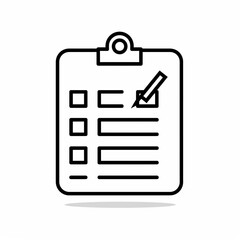 Outline icon of checklist using black line and minimal design. White background.