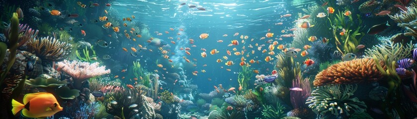 A beautiful underwater scene with many fish swimming around