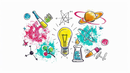 A cartoon depicting creative thinking in education , science, technology. The background is white