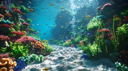 A colorful underwater scene with a variety of fish and plants