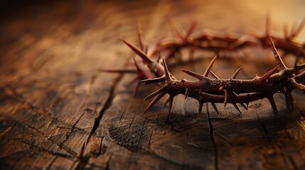 Studio-lit close-up of a crown of thorns and metal nails, emphasizing Christian imagery on a wooden surface, isolated for focus
