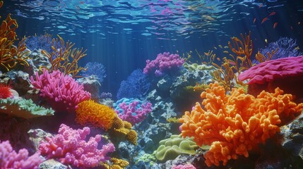 A colorful coral reef with many different colored sea creatures