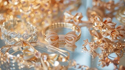 collection of handmade jewelry, each with delicate bow motifs laid out on a mirrored surface