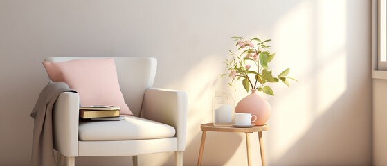 A minimalist living room with a white armchair, a pink cushion, and a vase of flowers on a tripod table. The room is bathed in soft sunlight.