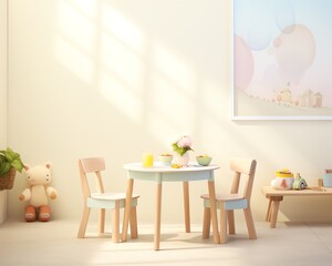 A minimalist rendering of a table and two chairs in a child's playroom.