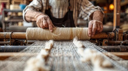 Elderly textile worker spooling threads on old machinery in a traditional fabric mill