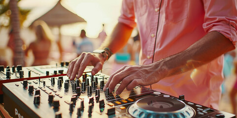 DJ is mixing music with djay controller at outdoor summer pool or beach party