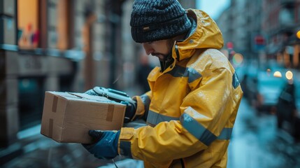 Obraz premium Delivery man in yellow raincoat scanning a package on a snowy urban street