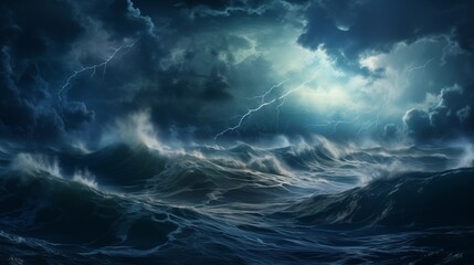 Naklejka na ściany i meble A Captivating Scene of Lightning Illuminating a Stormy Ocean at Night