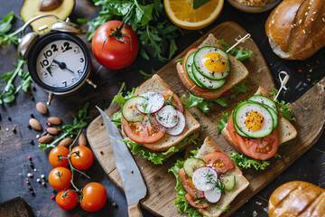 Alarm clock, healthy sandwiches with whole grains bread, microgreens, fresh vegetables Ketogenic diet