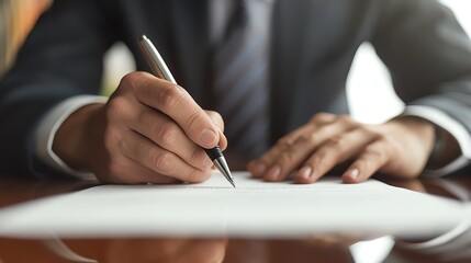 Closeup of a businessman in a suit signing important documents, focus on the pen and paper
