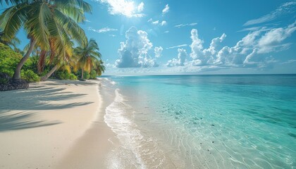 An idyllic tropical beach scene with white sand, palm trees, turquoise waters, a blue sky with clouds and a perfect background for relaxing vacation, Maldives.