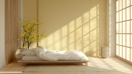 Mock up of a Japandi bedroom in white and bleached colors Tatami mats wallpaper ,generative ai
