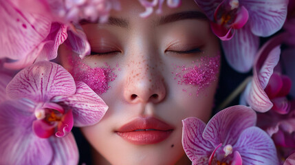 An asian woman portrait with orchid flowers over her head and on her face. Blue pastel colors. No...