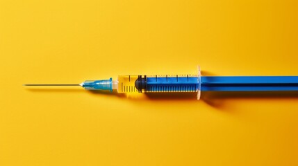Fototapeta premium Isolated, close view of a blue-needled syringe, placed neatly against a yellow background, detailed under studio lights