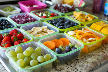 Boxes of assorted fruits and vegetables, including strawberries, carrots, healthy snack