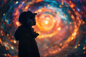 A person wearing headphones stands in front of a spiral of lights, immersed in the glowing display.