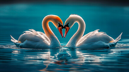 Graceful pair of white swans in love. Swans creating a heart shape symbolizing their love for each other in the water.
