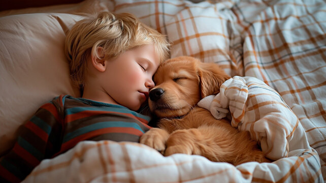 Peaceful boy napping with golden retriever puppy in bed.