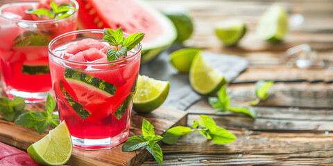 Watermelon lemonade with lime and mint, wood background