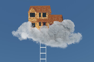 Silver steel ladder up to a brick house on a white cloud in blue sky. Illustration of the concept of the ladder of success and pathway to be house owners