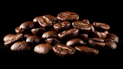 Naklejka premium Detailed studio shot of roasted coffee beans, emphasizing their polished sheen and deep brown color on an isolated background