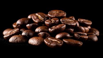 Detailed studio shot of roasted coffee beans, emphasizing their polished sheen and deep brown color on an isolated background