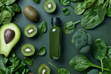 Bottled detox drink surrounded by green foods including spinach and kiwi
