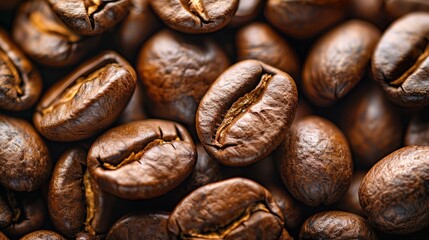 Fototapeta premium Detailed close-up of glossy roasted coffee beans, arranged neatly on a clean, isolated background for advertising purposes
