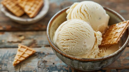 Detailed close-up of a bowl with two ice cream scoops and a wafer, studio lighting emphasizing texture against a vintage wooden background