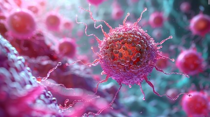 This image shows a cancer cell,red virus cells