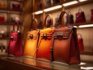 A row of stylish purses displayed neatly on top of a counter, showcasing different colors and designs.