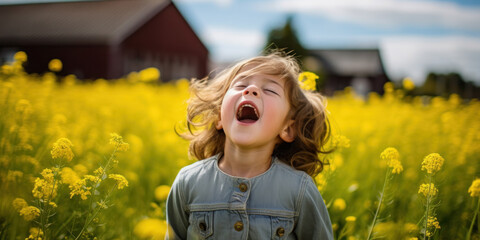 girl sneezes from allergies in a field of flowers, hay fever, treatment of an allergic reaction