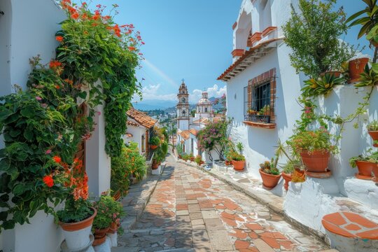 Vibrant Street View with Rainbow over the Cathedral of Taxco, Mexico: Blossoming Flowers and Picturesque Architecture