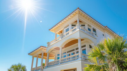 Obraz premium A multi-story house towering against the clear blue sky on a sunny day, capturing bright lighting and architectural details, ideal for showcasing