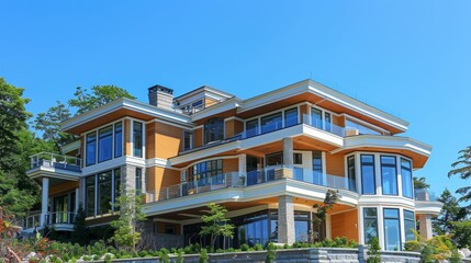 Fototapeta premium A multi-story house towering against the clear blue sky on a sunny day, capturing bright lighting and architectural details, ideal for showcasing