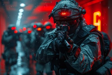 An intense scene with a tactical team operative in focus, aiming, amidst red lights and smoke Action, duty, and protection themes