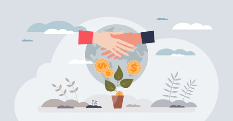 Impact investing with environmental, sustainable finances tiny person concept. Nature friendly or ecological project funding with green money vector illustration. Global economy sustainability growth