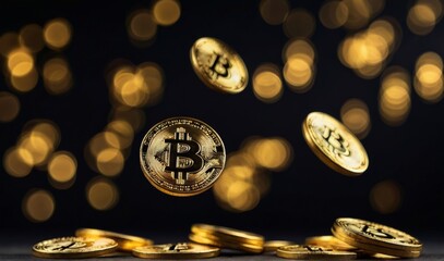 golden bitcoin coins floating in the air, blur, blurred dark background