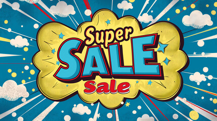 Special offer banner with comic lettering SUPER SALE! in the speech bubble comic style flat design.