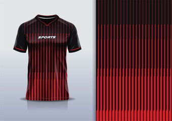 T-shirt mockup with abstract stripe line sport jersey design for football, soccer, racing, esports, running, in black red color