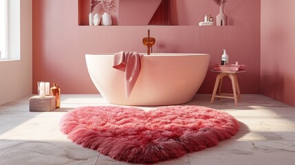 Artistic shot of a heart-shaped fluffy rug adorning the bathroom floor, with the pink and red palette highlighting the bathtub area
