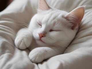 Sleeping White Cat Animal Realistic Photo Illustration Art	