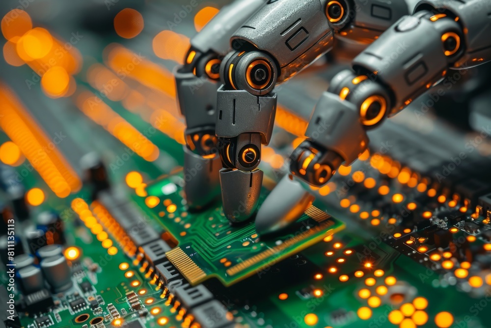Poster a futuristic robot arm precisely manipulates a computer circuit board, showcasing advanced technolog