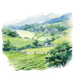 Watercolor tea garden. Scenery of tea plantation. 