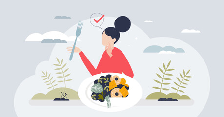 Food psychology and brain nutrition for mental health tiny person concept. Wellness and well-being from fresh, raw and organic vegetable and leafy greens eating in daily diet vector illustration.