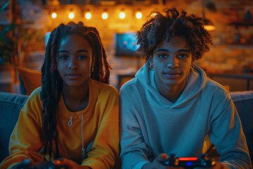 Fototapeta premium Siblings deeply engaged in a gaming session, with a colorful and inviting living room atmosphere
