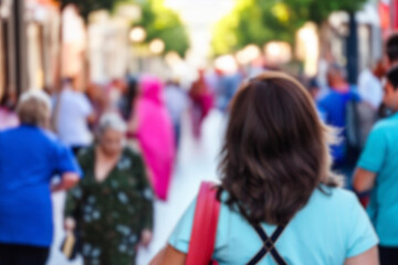 blurred for background. Crowd of people on the street. people walking on the city street. A blurry people walking. Urban, social concept. Abstract urban background with blurred buildings and street.