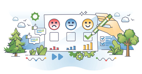 Employee survey with work satisfaction feedback and ratings outline hands concept. Opinion questionnaire with positive, negative and neutral workforce vector illustration. Colleague happiness level.