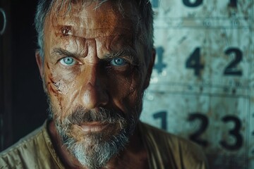 This intriguing image shows an aged fighter, face obscured, with a backdrop of numerical codes